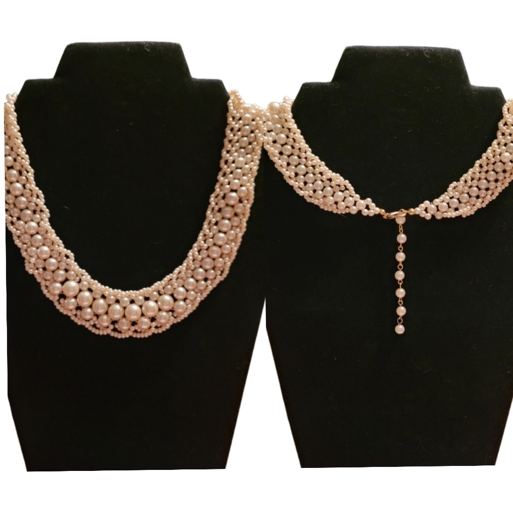 Vintage Faux Pearl Bib Necklace Cream Woven Statement Collar Adjustable‎